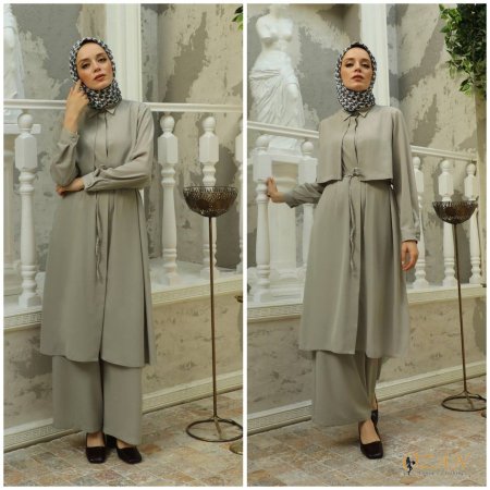 طقم باكستاني مع ربطة ع الخصر  - رمادي فاتح <br> <span class='text-color-warm'>نفذت الكمية ( Sold Out )</span>