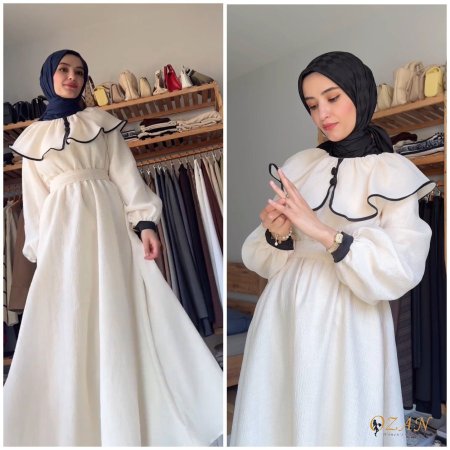 فستان بقبّة رفرف  - كريمي <br> <span class='text-color-warm'>نفذت الكمية ( Sold Out )</span>