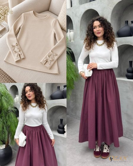 تنورة عنابي & بلوز بيج