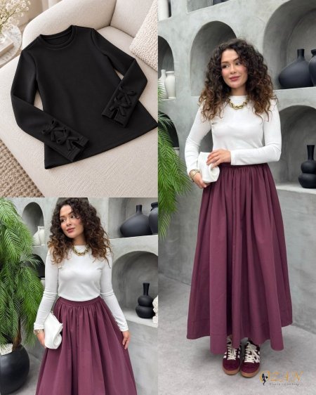 تنورة عنابي & بلوز اسود