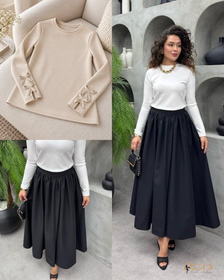 تنورة اسود & بلوز بيج
