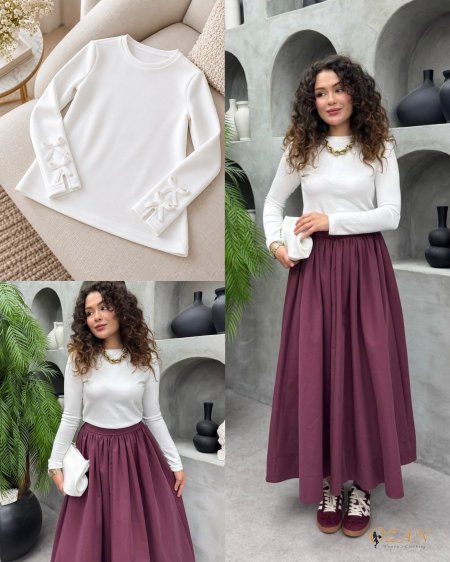تنورة عنابي & بلوز ابيض